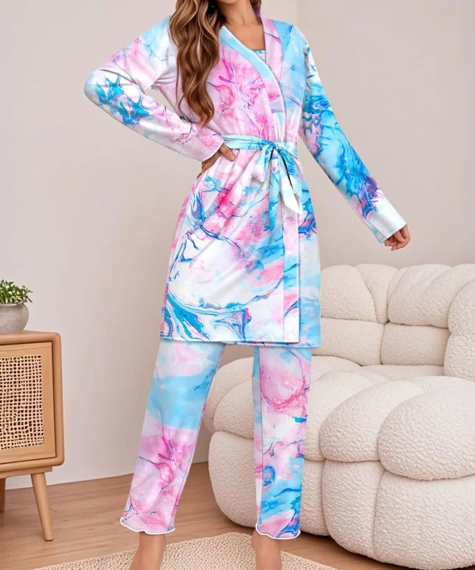 

Sexy Home Pajama Set Abstract Printed Camisole Vest Long Sleeved Cardigan Jacket Casual Pants Set for Women's Home Sleepwear Set