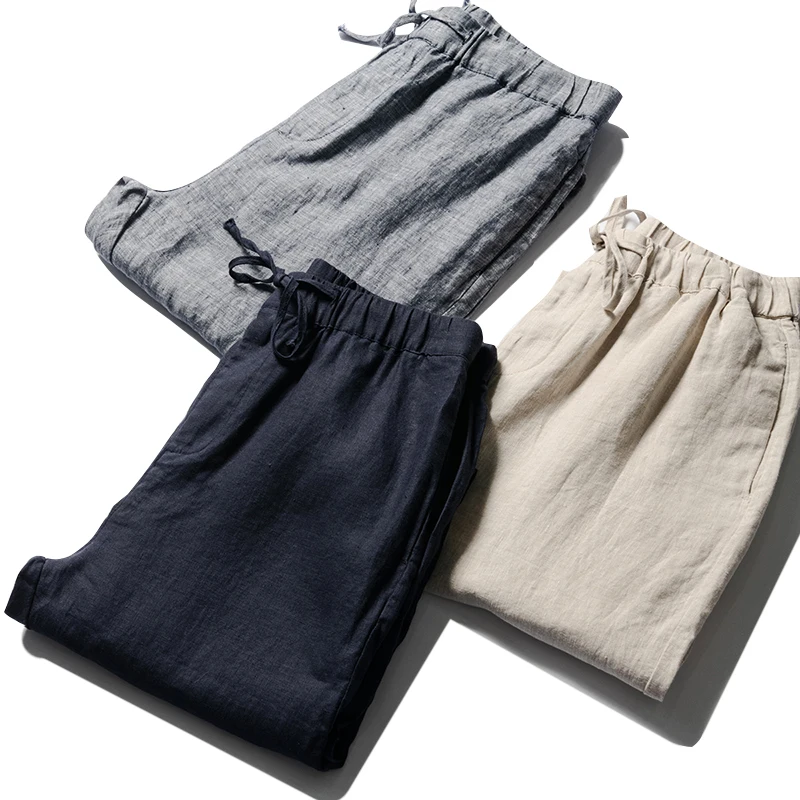 

100% льняные мужские удобные дышащие летние повседневные брюки свободного кроя, модные городские, длиной 7/8, универсальные, свободные