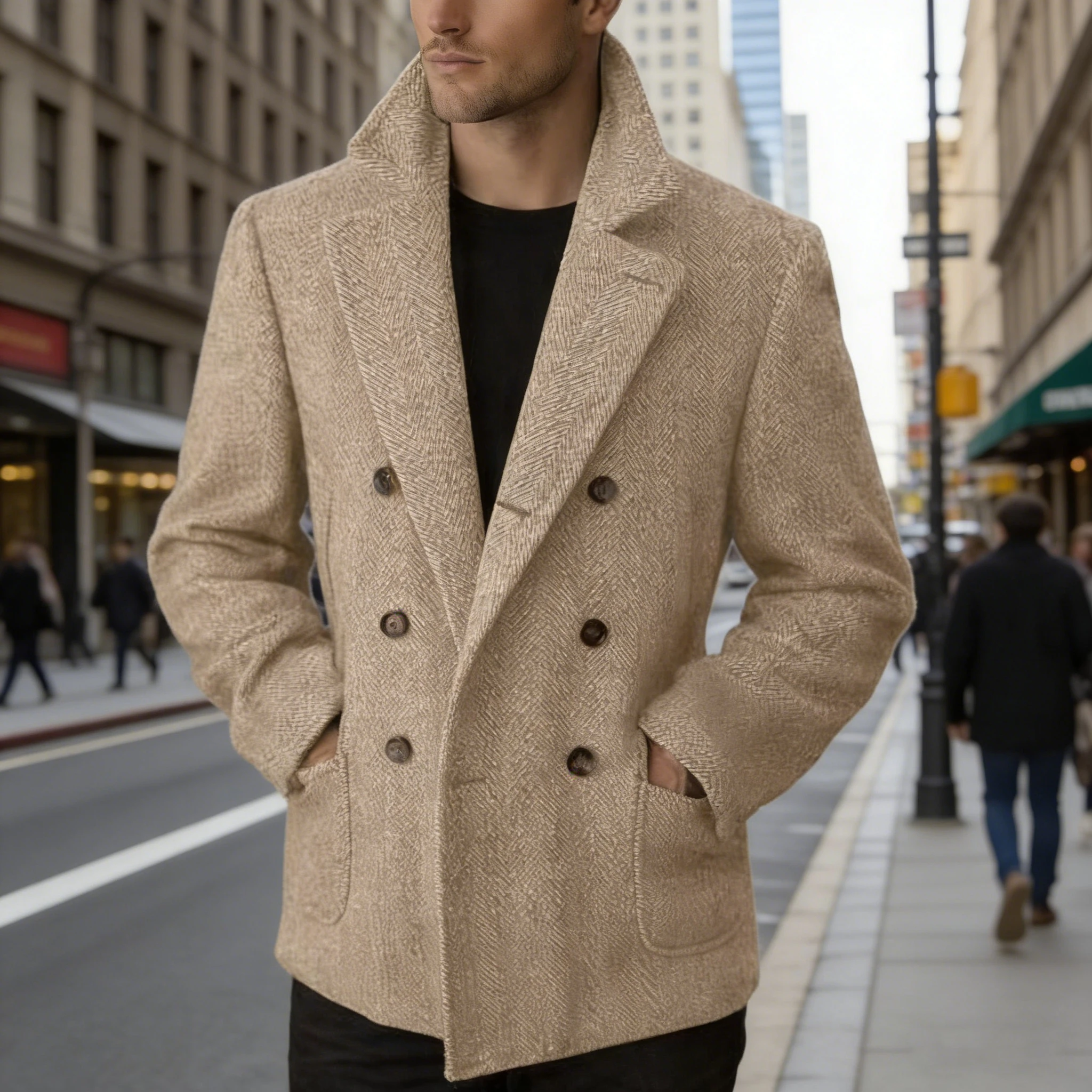 

Men's Vintage Herringbone Blazer Double Breasted Lapel Wool Suit Jacket Thick Warm Overcoat Casual Business Fashion Outerwear