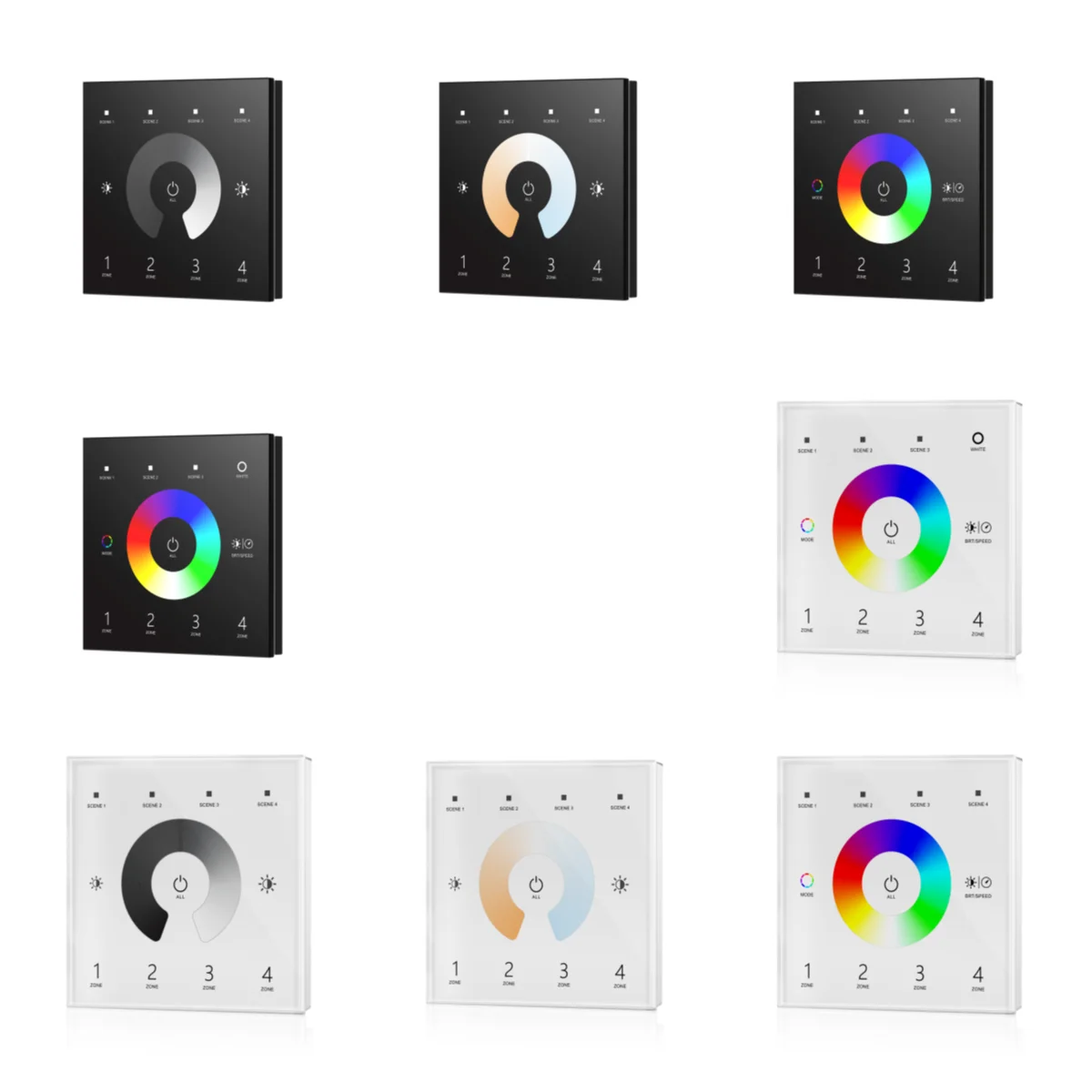 100-240VAC Input 4Zones Touch Panel DMX Master Dimming/Color Temperature/RGB/RGBW Controller T11/T12/T13/T14 White & Black glass