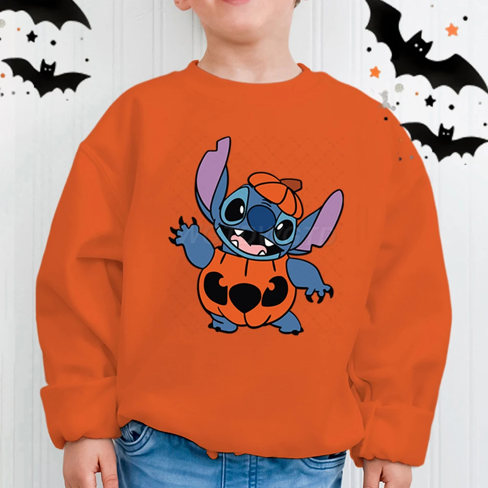 

Halloween Pumpkin Stitch Sweatshirt Girls Boys Fashion Casual Hoodies Stitch Kawaii Cartoon Sweater Halloween Gift Boy Clothes