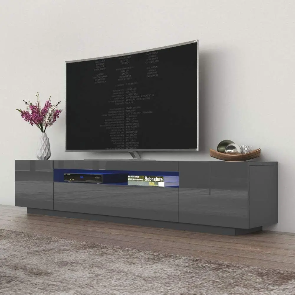 

TV Stand – 72x20x22 in k Grey Recular Media ole with Storage Cabiand LED Lights