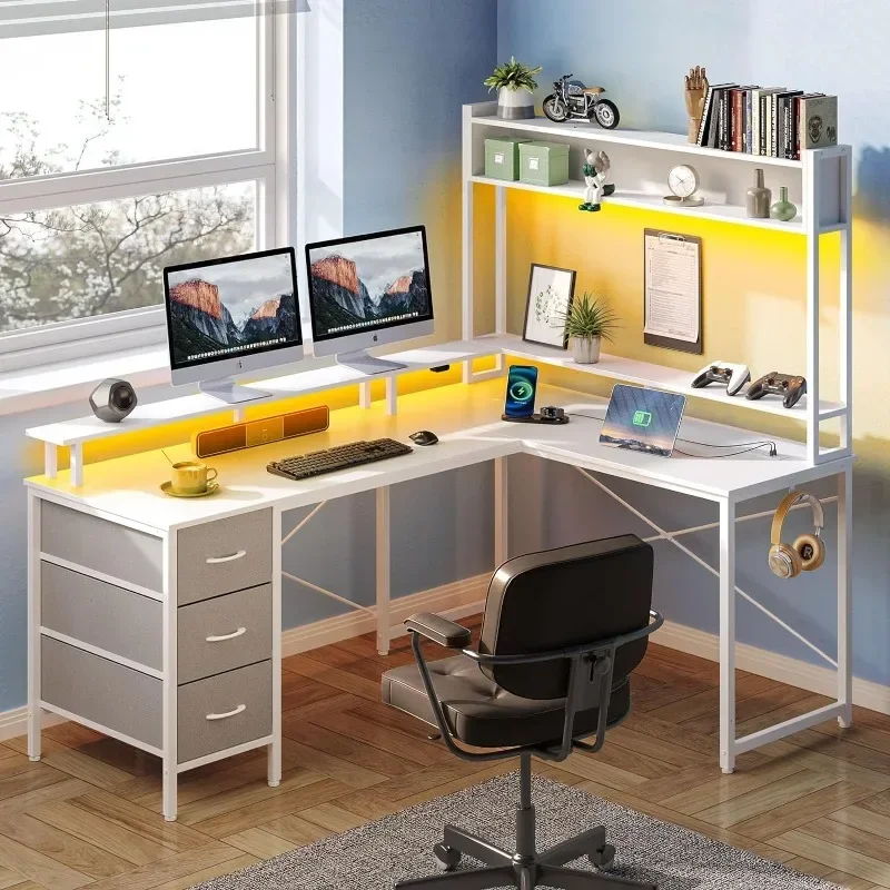 

K Computer Desk L Shaped with LED Lights & Power Outlet, 56" Reversible Gaming Desk with 3 Drawers & Storage Hutch