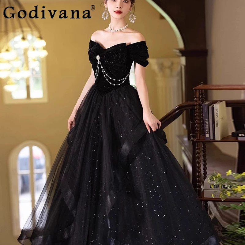 

Luxury Banquet Evening Dress Women Elegant Student Art Exam Grown Up Dress Female Ceremony Birthday Off Shoulder Host Dress