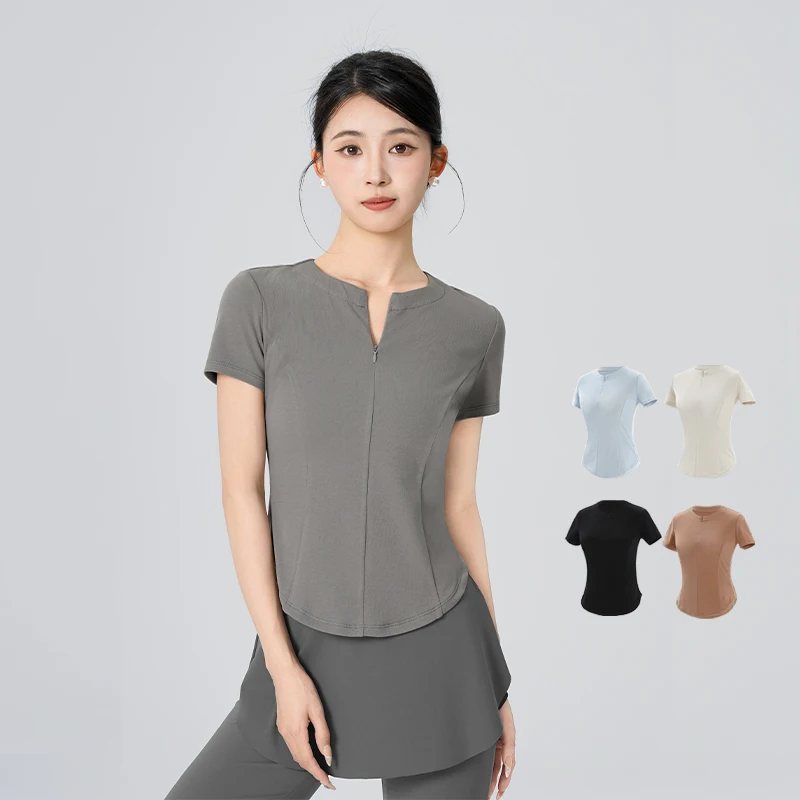 امرأة الوقوف طوق الرقص قمم مع سستة الباليه التدريب قمم الرقص معطف سترة القطن إغلاق المناسب قصيرة الأكمام اللياقة البدنية قمم