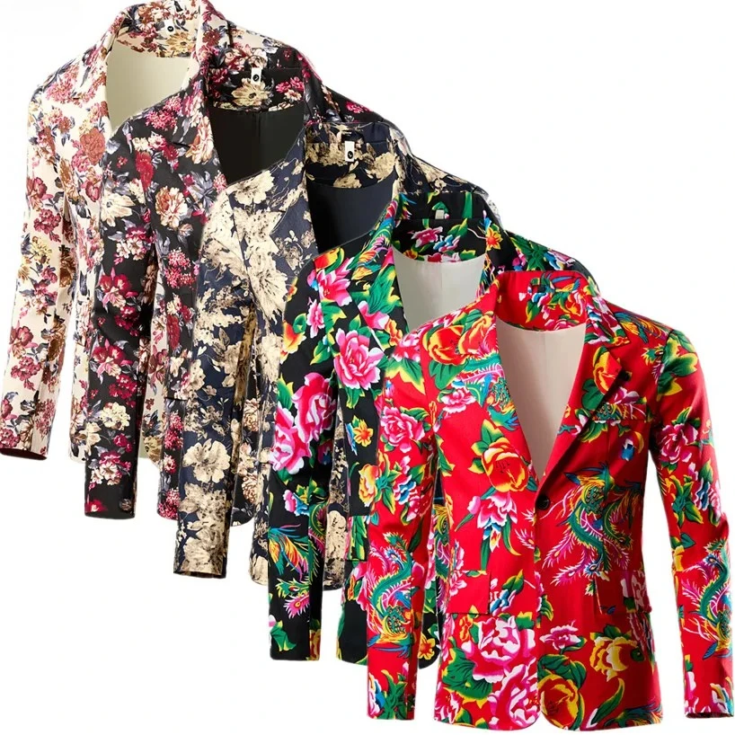 

Новый мужской ярко-красный пиджак с принтом 2025, модные повседневные хлопковые пиджаки, пальто для свадебной вечеринки, азиатский размер M-5XL.