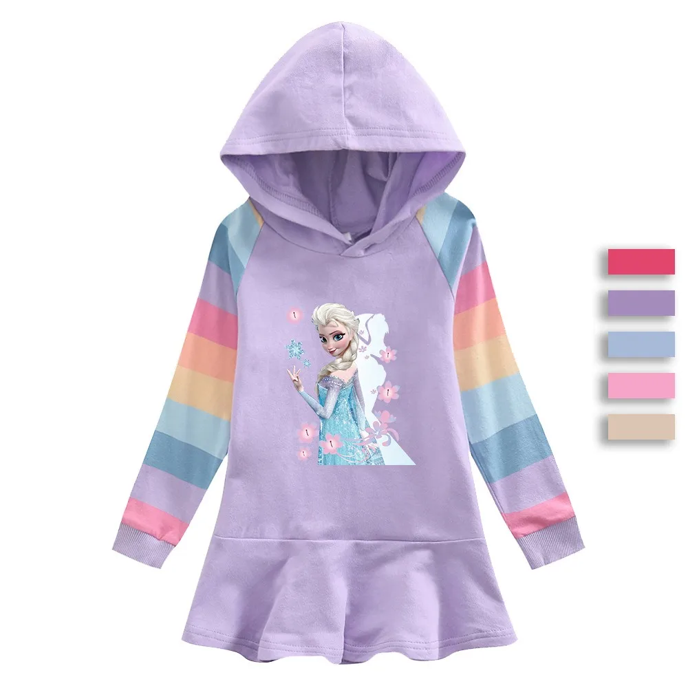 Disney Quality Cotton Girls Dress Frozen Elsa Autumn Spring Clothing for Children Pink Long Sleeve Kids Clothes Hooded 2-8T