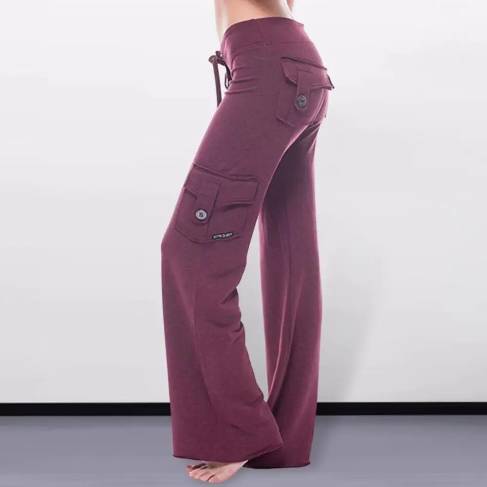 Women Cargo Pants Solid Color Multi-Pocket Loose Casual Sweatpants Solid Color Wide Leg Elastic Waist Drawstring Jogging Trouser