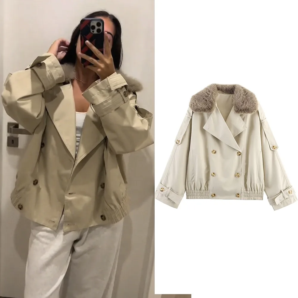 

Fur Collared Jackets Women Trench Coat New in Bomber Jacket Long Sleeve Elegant Woman Fashion Outerwears Top Windbreaker