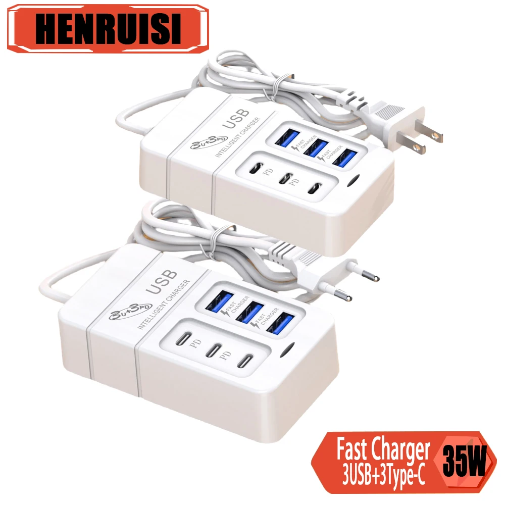 

35W PD USB Power Strip 6 Port Fast Charging Type C Wall Charger For iPhone 15 Xiaomi Samsung OnePlus Mobile Phone Quick Charger