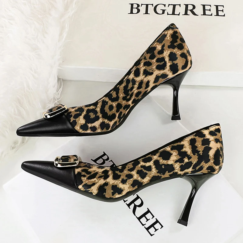 

Lady Chic Square Metal Buckle Design 8cm High Heels Pumps Women Sexy Leopard Stiletto Date Shoes Female Elegant Party Shoes