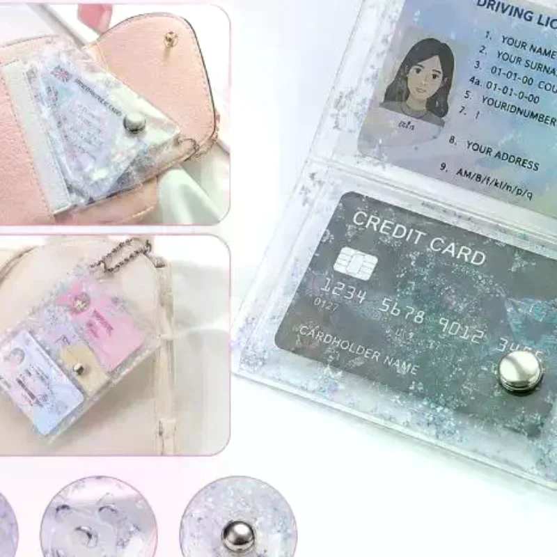 Star Glitter Clear Three Fold PVC Card Holder Mini Snap Coin Purse With Bead Chain Keyring For ID Card Daily Storage Gift