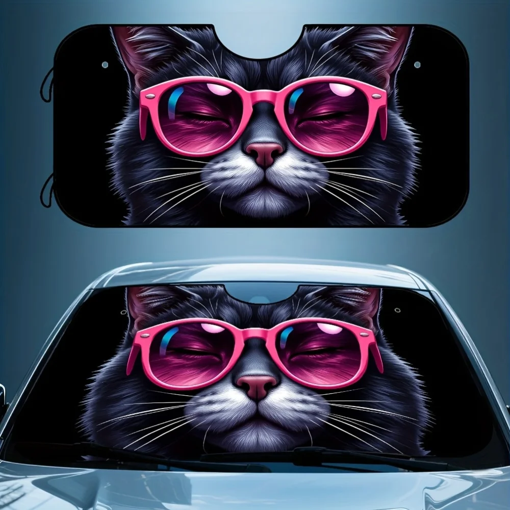 

1pc Cool Cat Glasses Windshield Sunshade - Foldable & Compact Car Visor With Stylish Pink & Purple Design, Perfect For Office Co