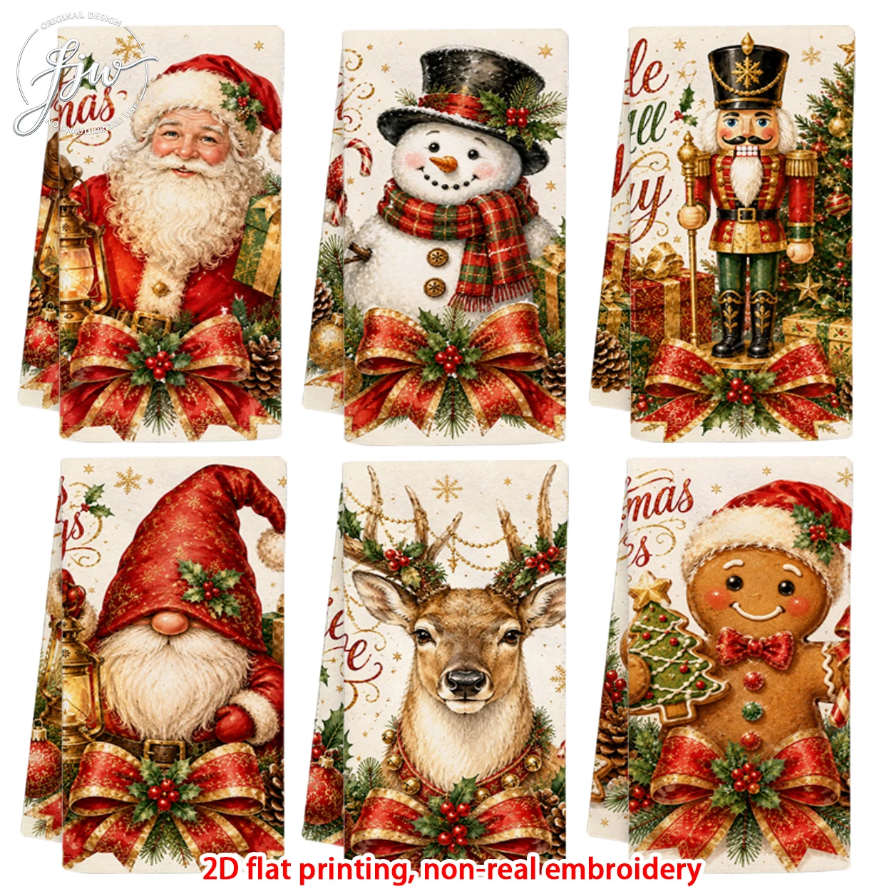 6pcs Vintage Christmas Kitchen Towels Santa Snowman Nutcracker Gnomes Reindeer Gingerbread Man Holiday Dish Towels for Christmas