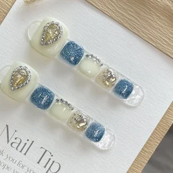 10pcs Handmade Press On Toenails Glitter Blue White False Toenail With Glossy Rhinestone Designs Detachable Fake Toe Nail