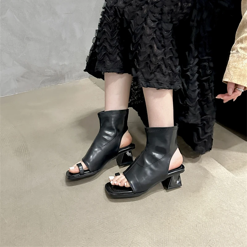 

Black Slingback Shoes Women Low Heels Sandals Ladies Stretch Summer Boots Punk Chunky Shoes High Heels Sandalias De Mujer