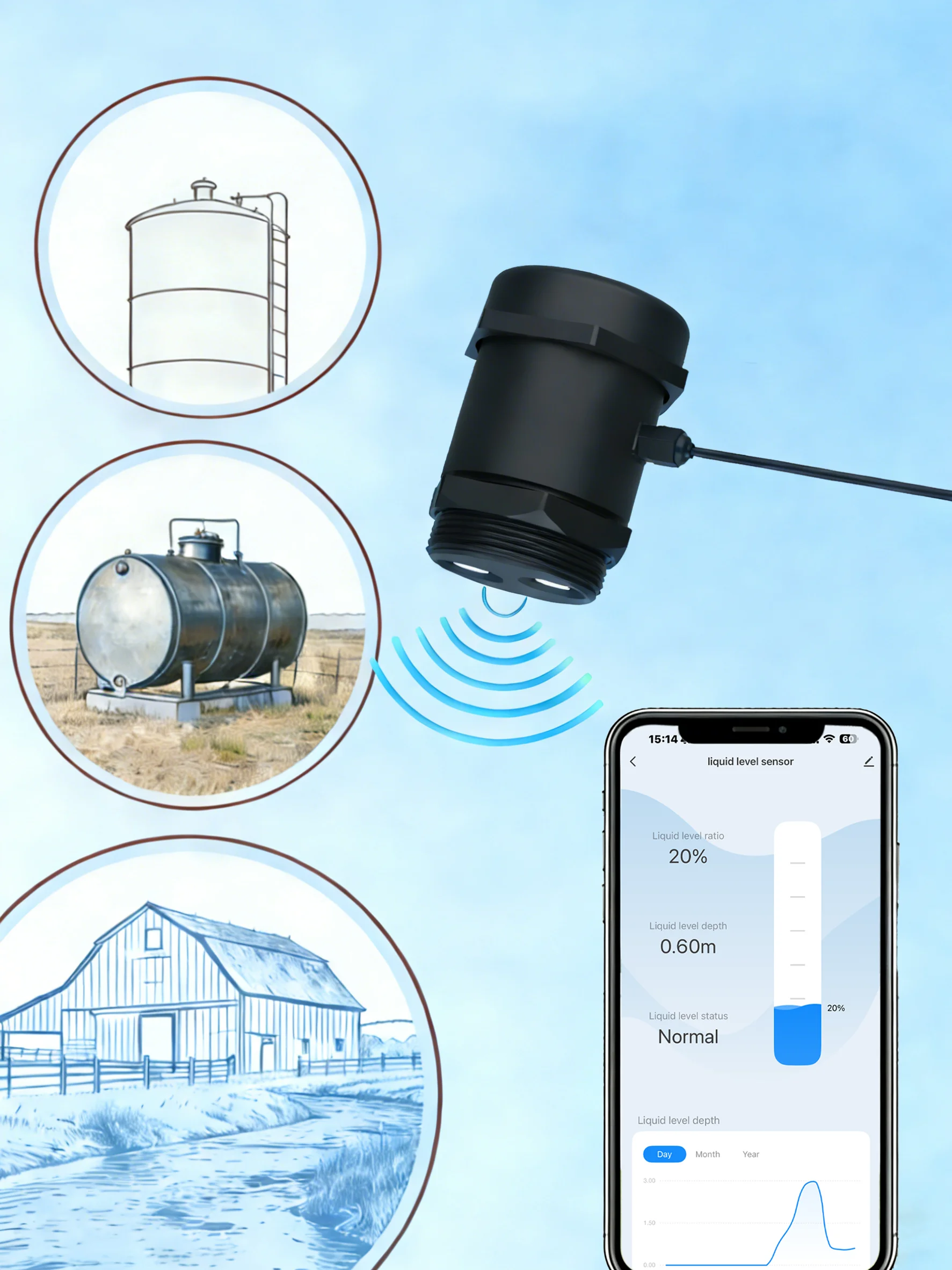 Tank Seviye Monitörü ULS-03GW İç Mekan Ev Tipi Alarm Wifi Ultrasonik Mobil Tuya Smart Life Uygulaması Sıvı Seviye Sensörü Yağ Katı