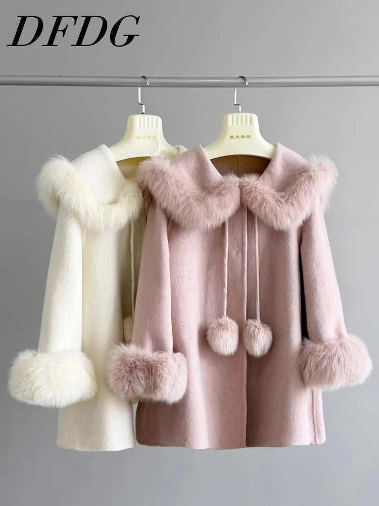

DFDG Women's Simple Casual 2025 New Fall Winter Midi Wool Coat Loose Fit With Fox Fur Collar Pom Poms Designer Fashion Coat