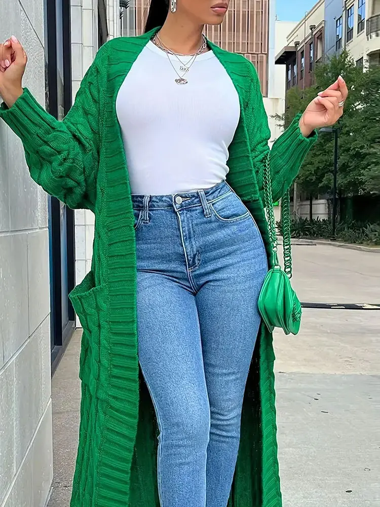 

New Winter Versatile With Pockets Solid Long-Sleeve Cardigan Fashion Long Christmas Sweater Coat High Quality Women's Clothing