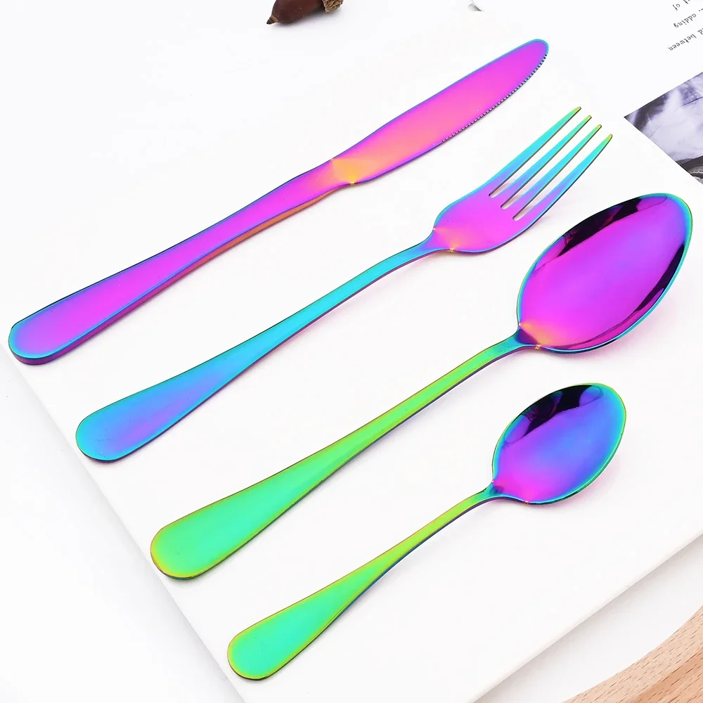 4Pcs Dinnerware Set Mirror Rainbow Cutlery Set Stainless Steel Flatware Kitchen Dinner Knife Fork Spoon Teaspoon Tableware Set