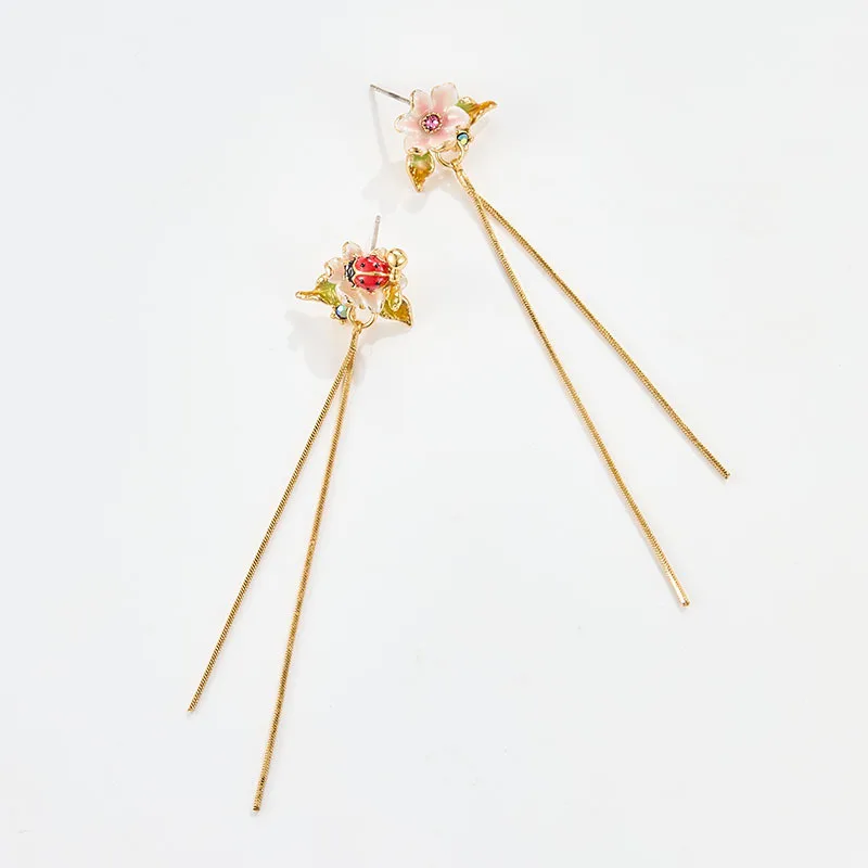 Hand-painted Enamel Long Tassel Flower Ladybug Earrings Shaping Style Earrings for Women Little Dangle Earrings