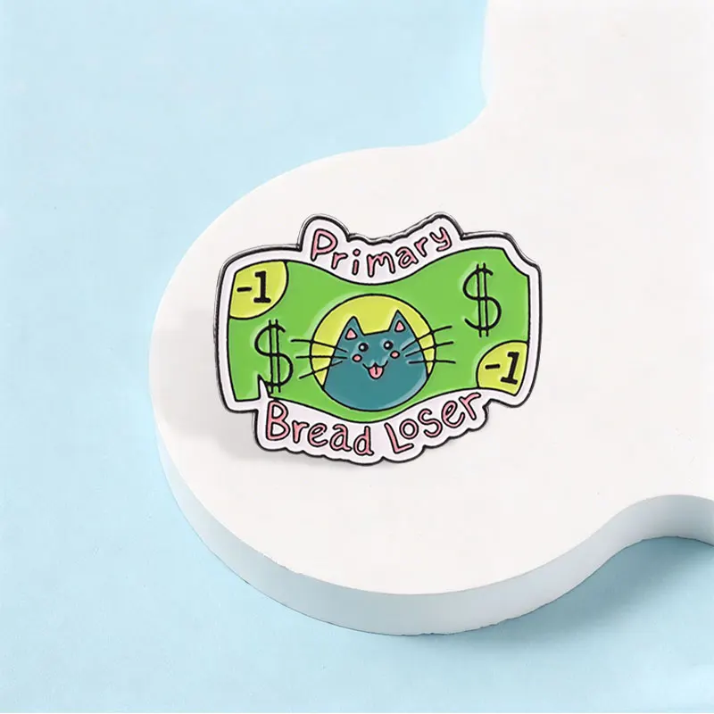 �Primary Bread Loser“ Emaille-Abzeichen, lustiger Katzen-Geld-Meme-Stil-Pin, grünes Dollar-Schein-Design, Metallbrosche, Revers-Accessoire, Geschenk – Detail 6