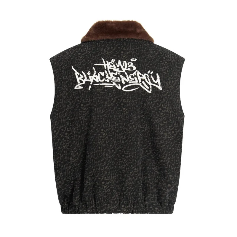HKSH Leopard Print Cotton Vest Winter New Men Tide High Street Letter Print Fleece Lined Turn-Down Collar Zipper Jackets HK15730