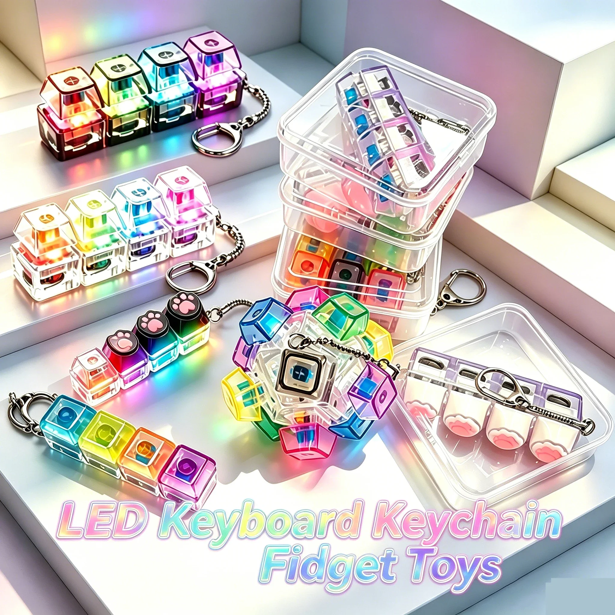 #NEW 4-Button LED Light-up Keyboard Keycap Keychain Fidget Toy Crystal Clicker Sensory Toy Stress Relief Pendant & Creative Gift