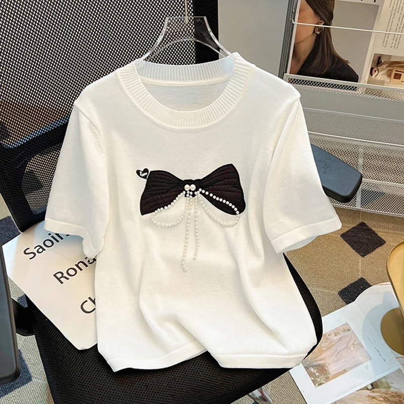 New Summer Luxury Design perline Bowknot manica corta t-shirt in maglia 2024 moda coreana sottile Casual donna maglieria top Tees