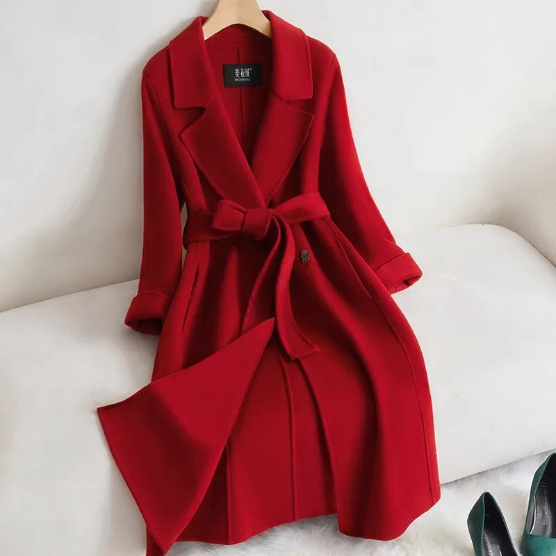

Red Double-sided cashmere Coat Women's New Autumn Winter high-end Woolen Coats With belt Temperament Long Overcoat Female XQ297