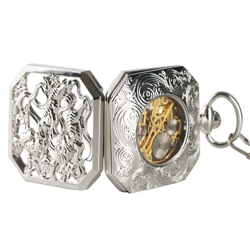 Silver Tiger Case Men Women Hand Winding Mechanical  Pocket Watch Roman Number Dial Pendant Fob Chain Collectable Clock Gift