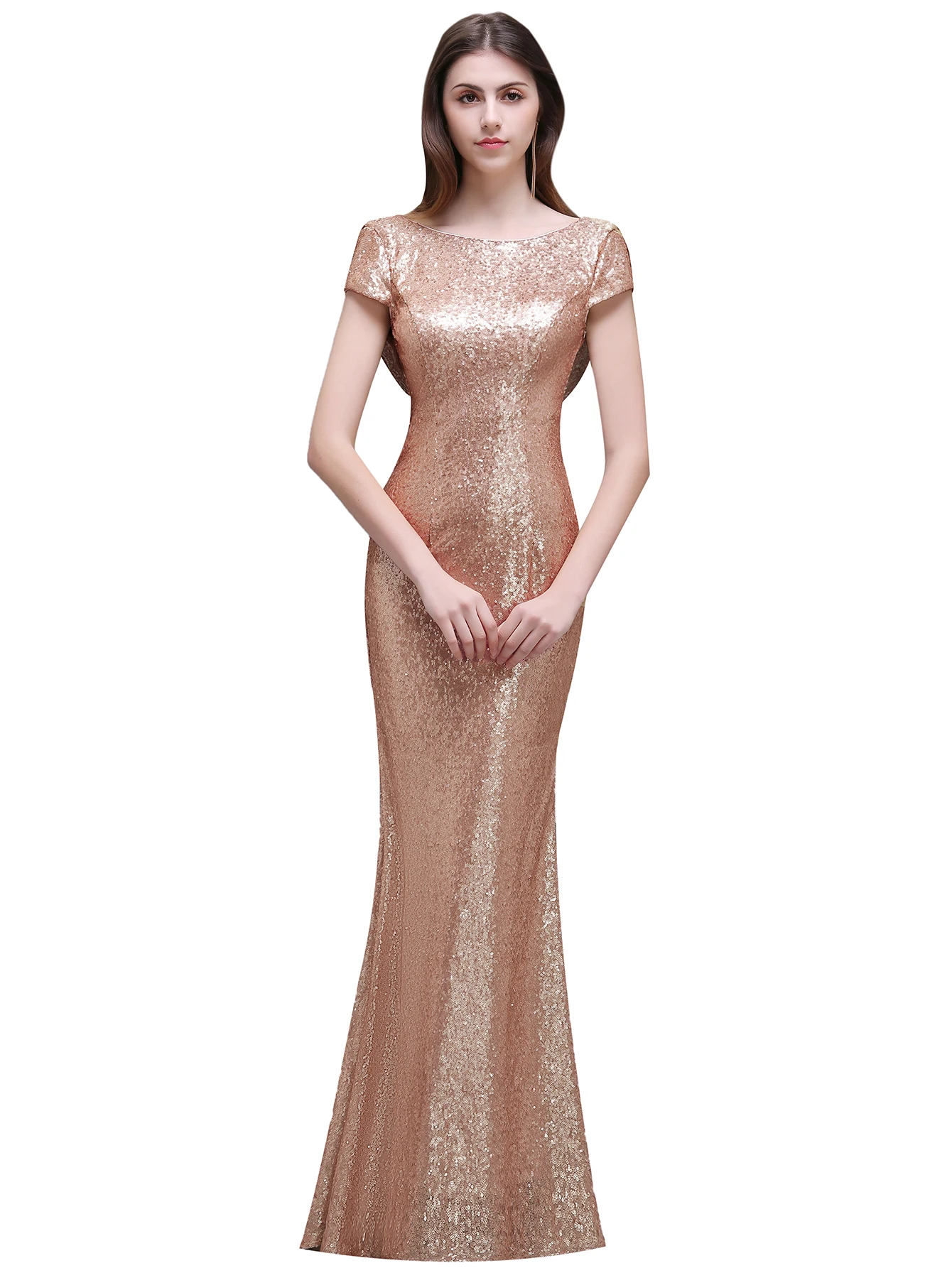 

Champagne Bridesmaid Dresses Formal Wedding Party Guest Gown Women Mermaid Sequins Short Sleeves O Neck Backless Rose Gold