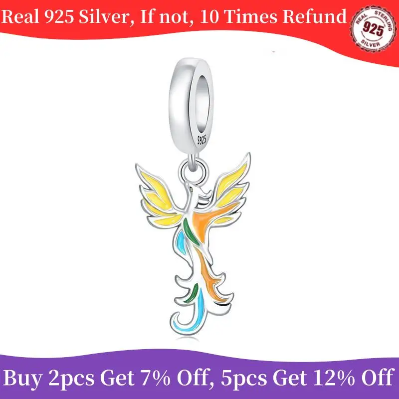 100% Real 925 Sterling Silver Charm Bead Colorful Phoenix Pendant Charms Fit Bracelets Necklaces Women Diy Jewelry