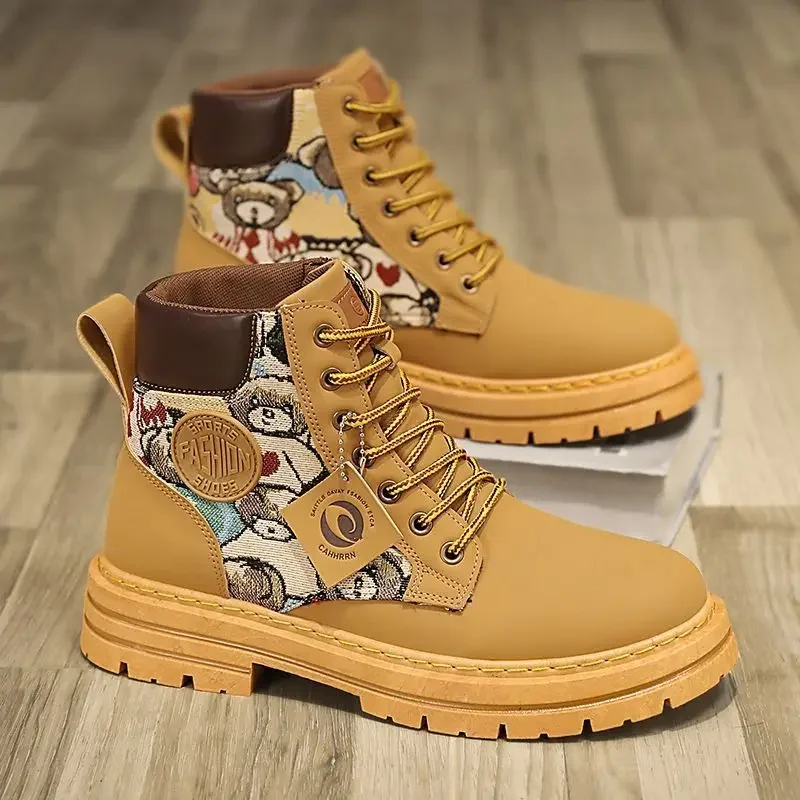 British Style 2025 New Youth High Top Printed Patchwork Workwear Leather Boots Men's Spring Autumn Outdoor Casual Shoes