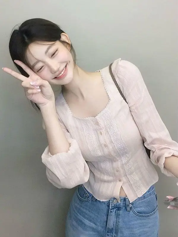 

Sweet Lace Splice Long Sve irt Women's Slim Fit Square Collar Special Beautiful Top Gentle Wind Casual Sle Autumn irt