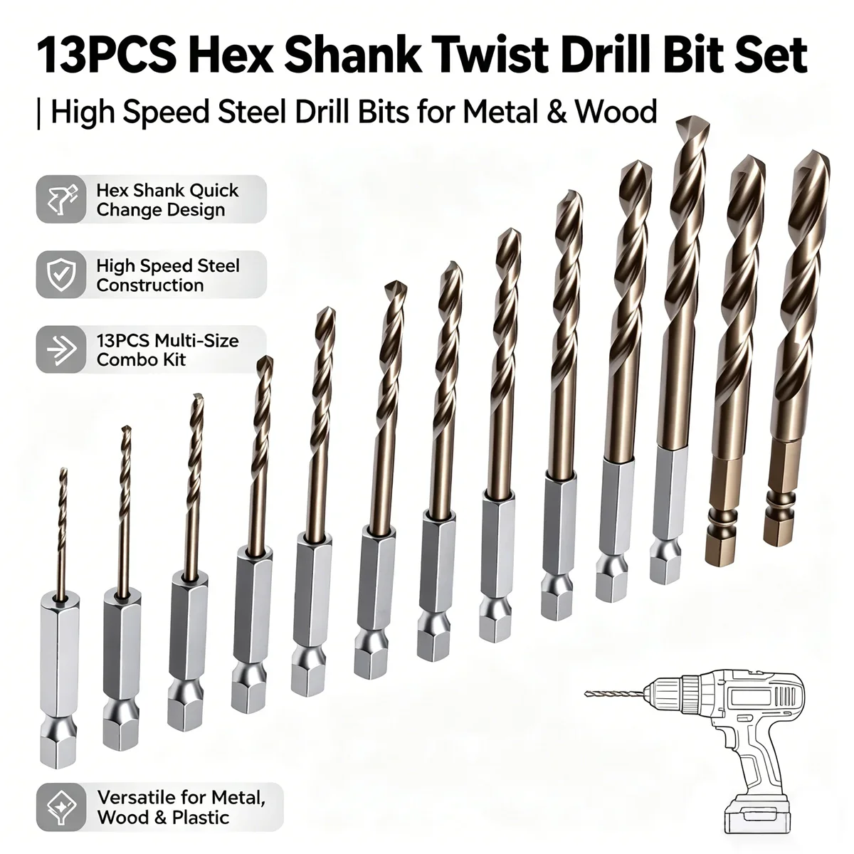 

13Pcs HSS High Speed Steel Titanium Coated Drill Bit Set 1/4 Hex Shank 1.5mm-6.5mm Hexagonal Handle Twist Drill Power Tool