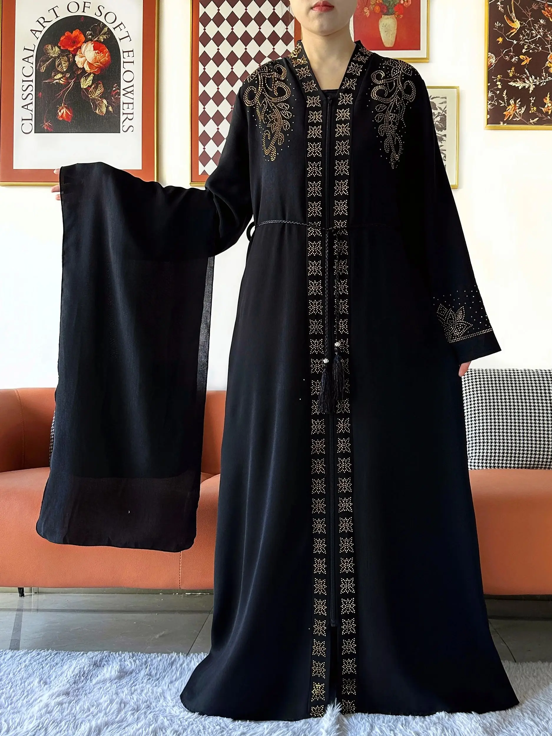 2025 New Lady Elegant Dress Chiffon Open Abaya with Zipper Muslim Women Dress Islamic Clothing Cardigan Abaya Women Muslim Dress