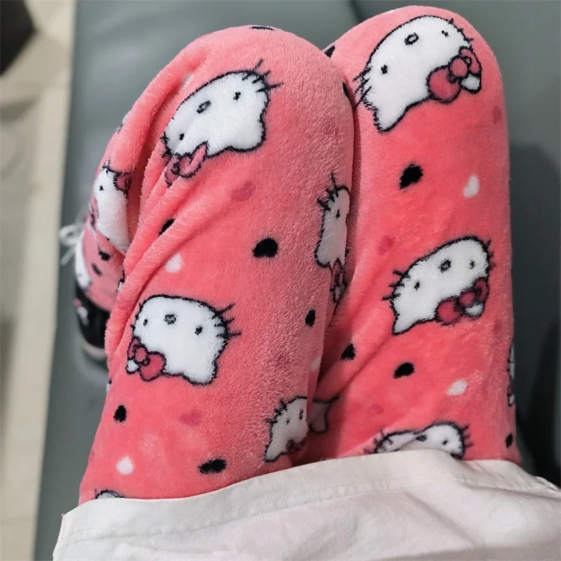 New Hello Kitty spodnie od piżamy Sanrio Anime polar podwójna z gumką tkanina miękkie spodnie kobiety spodnie Kawaii kreskówka prezent urodzinowy