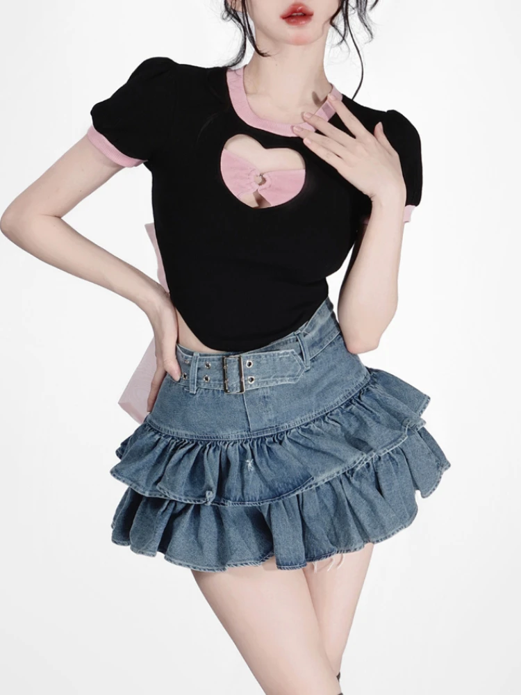 

Милая Y2k юбка, Женская Двухслойная юбка с оборками, модная Милая летняя плиссированная юбка в стиле преппи, Kawaii JK, джинсовая юбка для девушек, корейские женские юбки