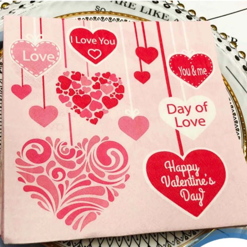 

Heart Shaped Colourful Printed Napkin Wedding Valentine's Day Facial Tissue Proposal Decoration Wine Glass Flower Paper 20pcs/P