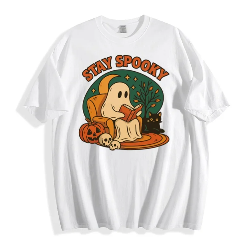 

Halloween Stay Spooky Ghost T-Shirt, Unisex Cotton Short-Sleeve Tee, Vintage Book Cat Print Top, Happy Halloween Costume