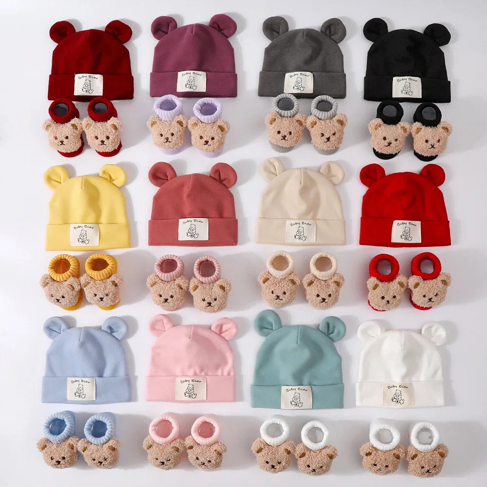 1Set Winter Bear Baby Warm Hats Socks For Newborn Autumn New Soft Prewalker Socks Hat Girl Infant Cap Beanies Turban Socks
