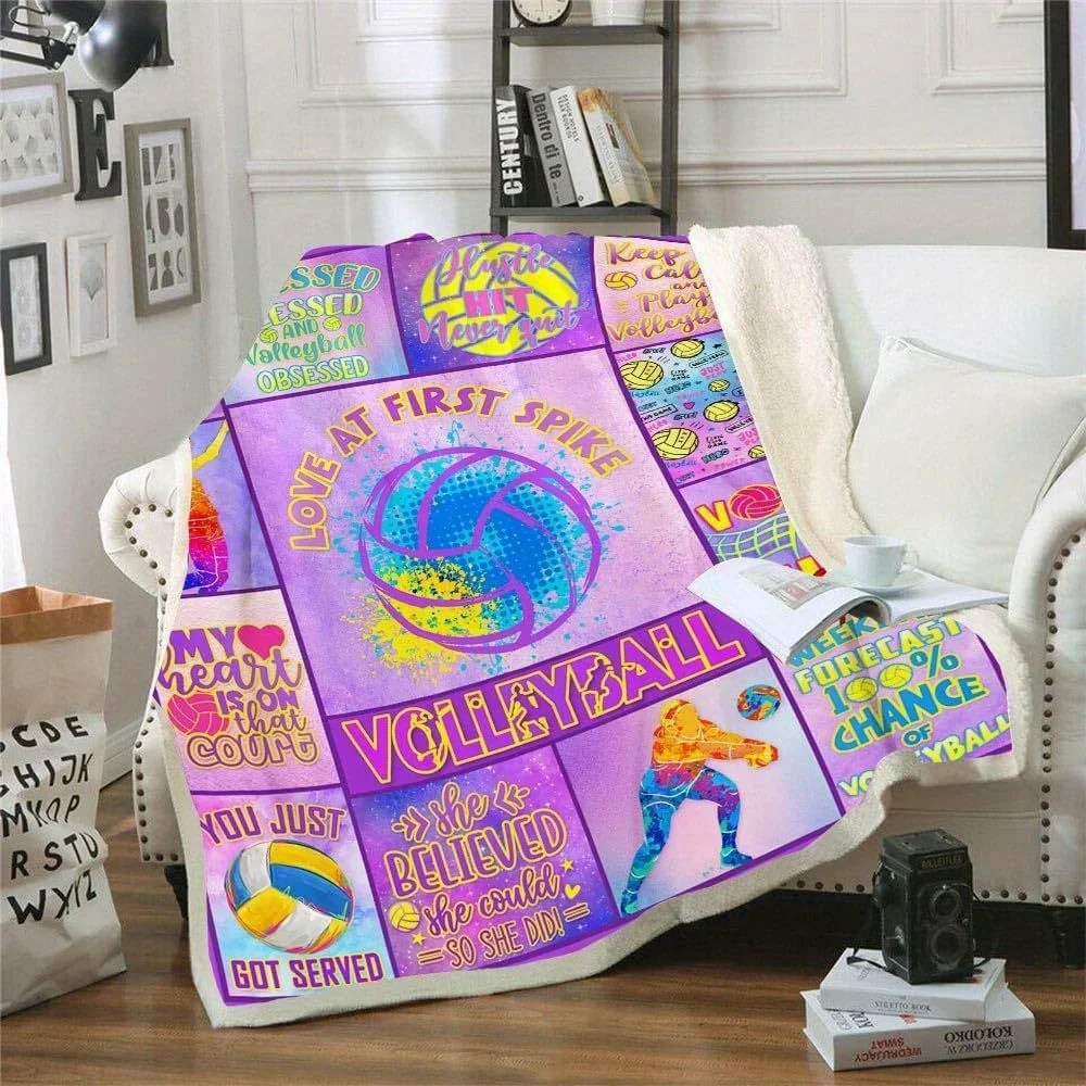 Vintage Classic Purple Volleyball Pattern Blanket Reversible Soft & Cosy Coraline Fleece Blanket For Bed Sofa Bed Camping