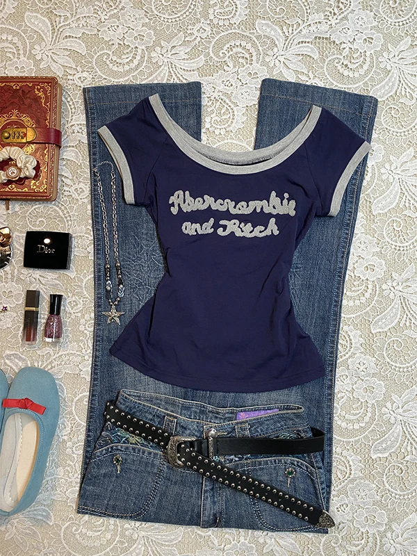 

Boya Girl Original American Retro k Blue Letter ort Sve T-irt Women's Design Sensation Small Size Top