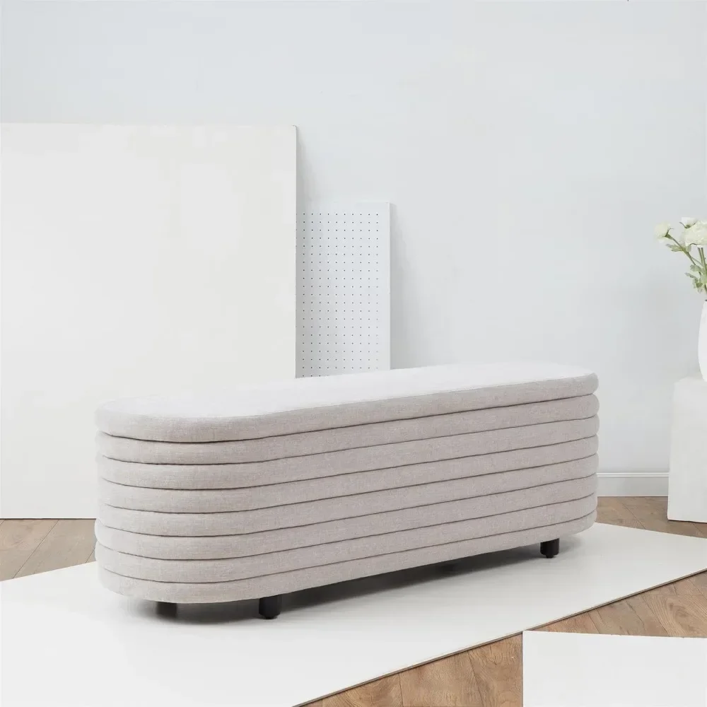 Light Grey Linen/Black Channel Tufted Oval Storage Bench