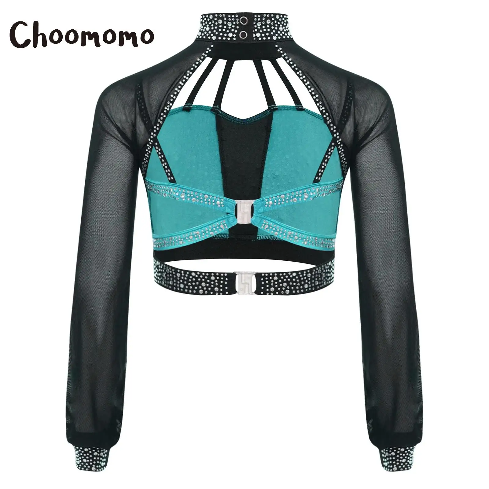 

Girls Ballet Lyrical Dance Crop Tops Long Sleeves Sheer Mesh Backless Rhinestones Latin Jazz Figure Skating Gymnastics Shirt Top