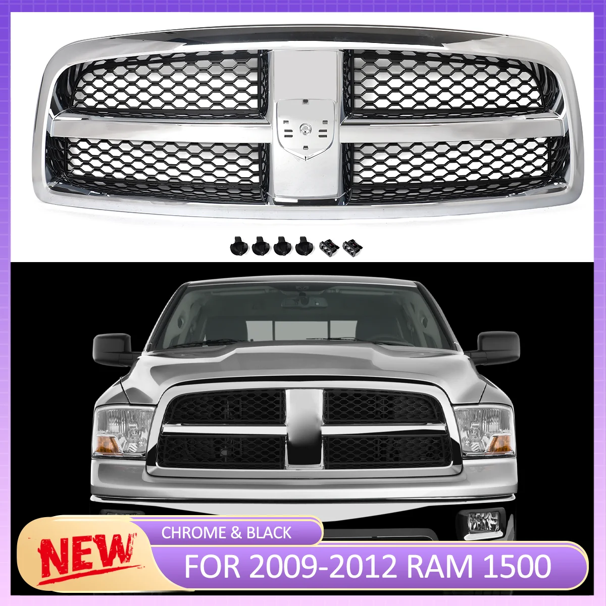 Chrome Trim Frame Black Mesh Honeycomb Mesh Grille fit for Dodge RAM1500 2009-2012 Front Bumper Upper Grille Hood Grid Grills