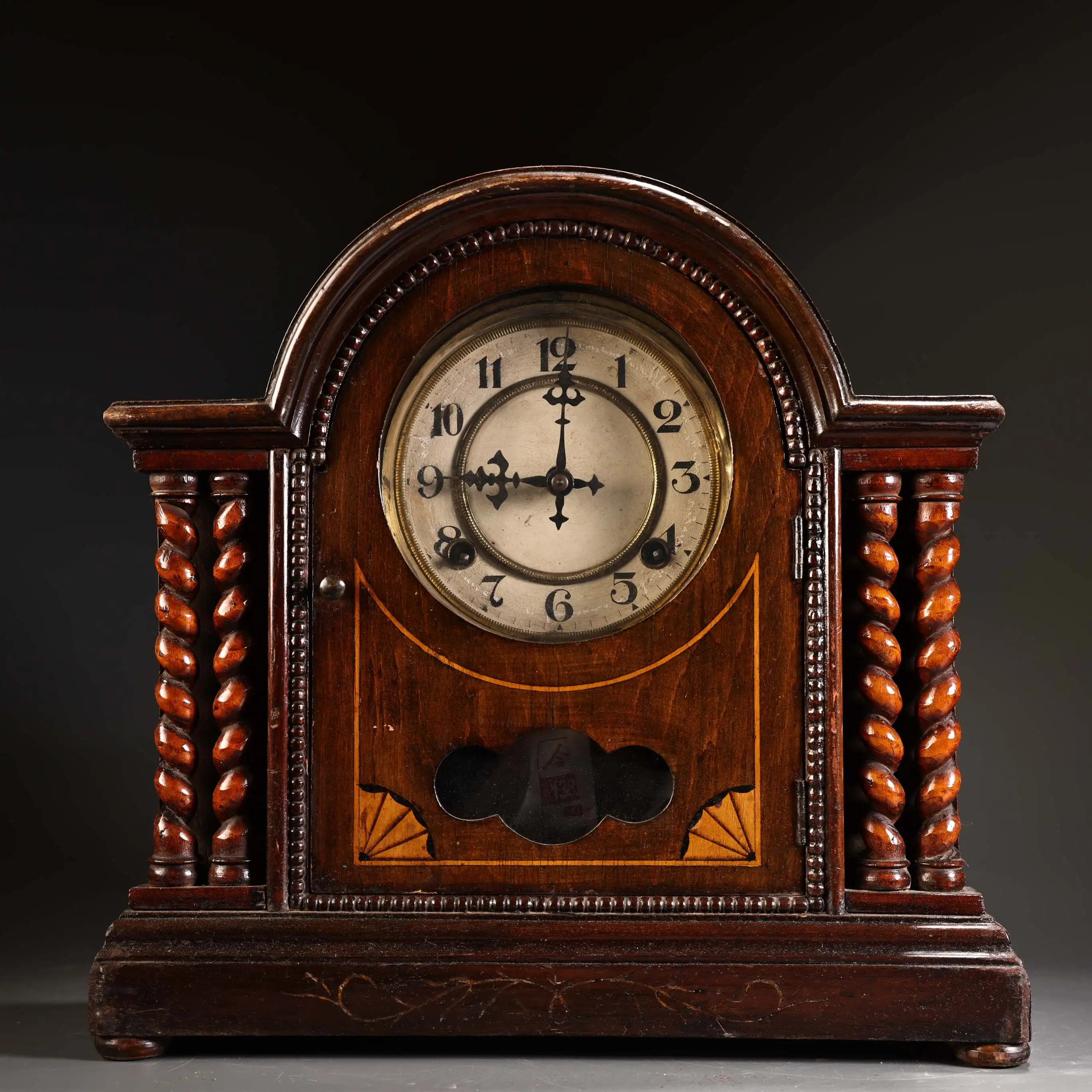 Folk Old Bronze wooden box Cultural Revolution Pattern Mechanical alarm clock Classical clock Viewing time Amass wealth Ornament