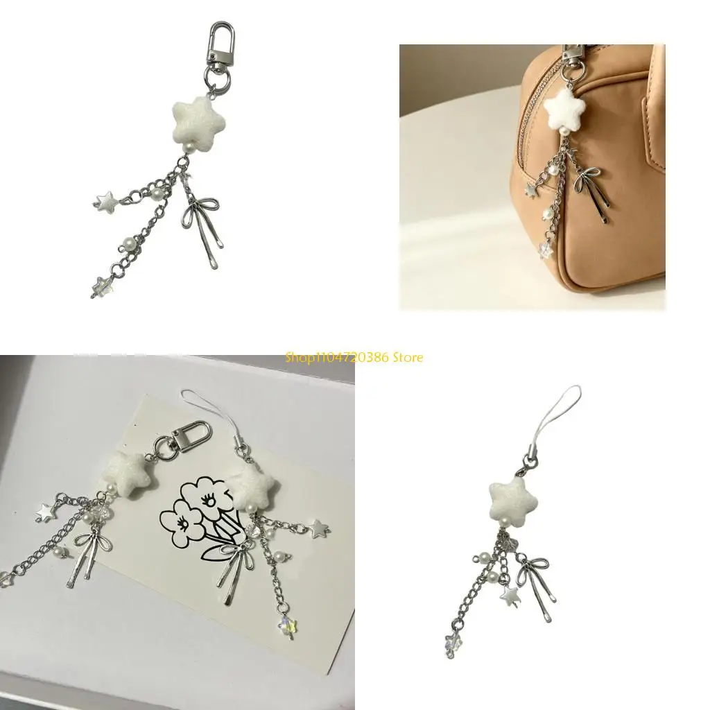 

K0EA Fashionable Flocking Bowknot Strap Plastic Beads Strong Phone Charm