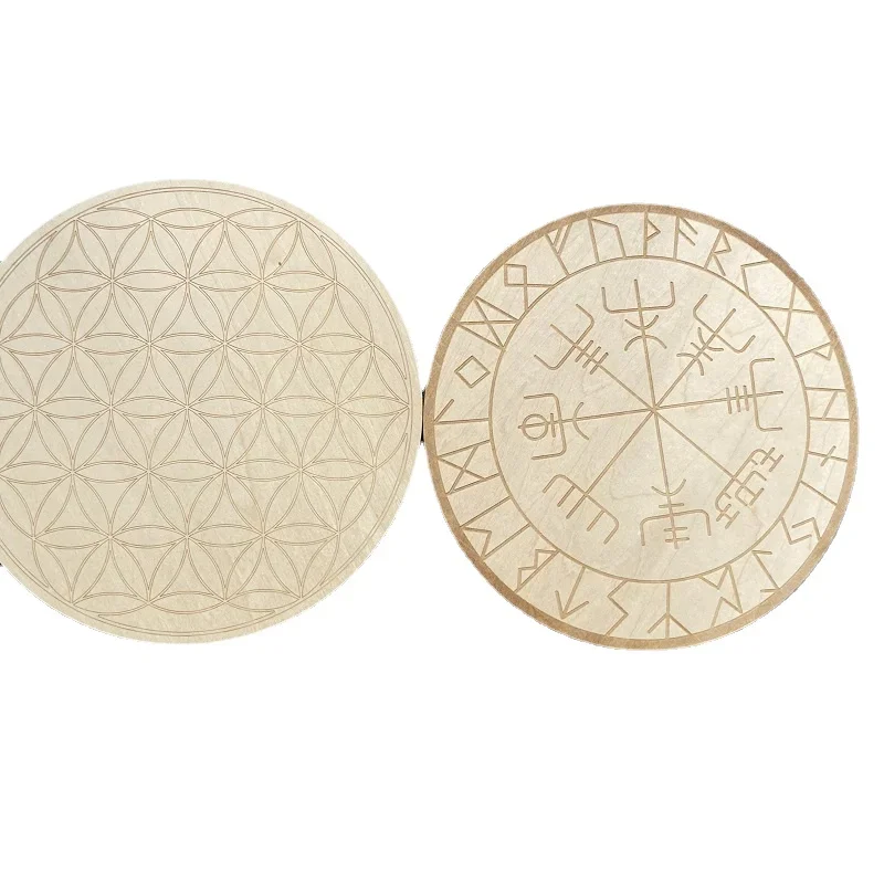 20cm Wood Round Altar Tile/Pad with viking compass Runes Flower of Life Chakras witchcraft supplies Divination mat wicca props